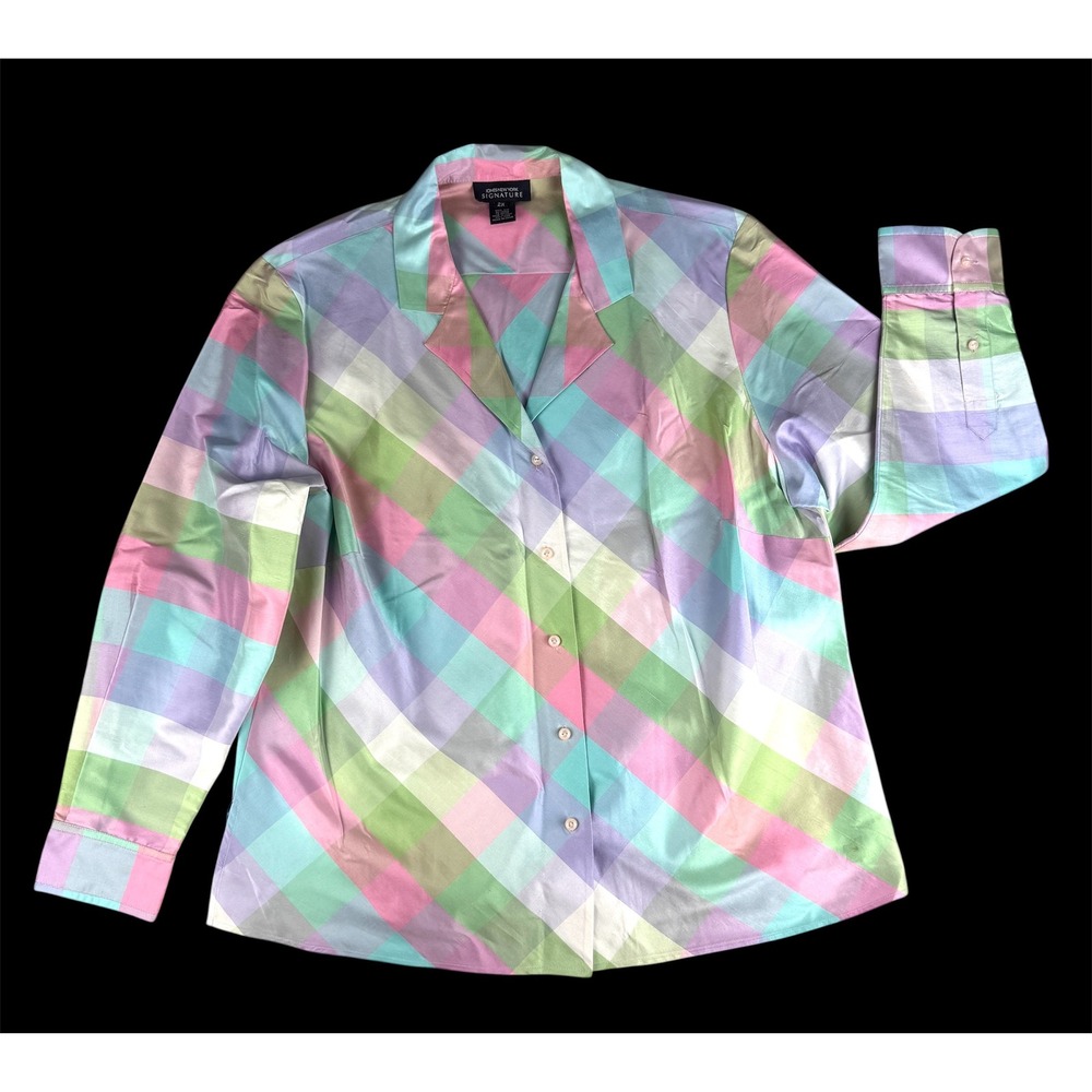 Jones New York Signature 100%‎ Silk Plaid Button Down Blouse Pastel Multi 2X